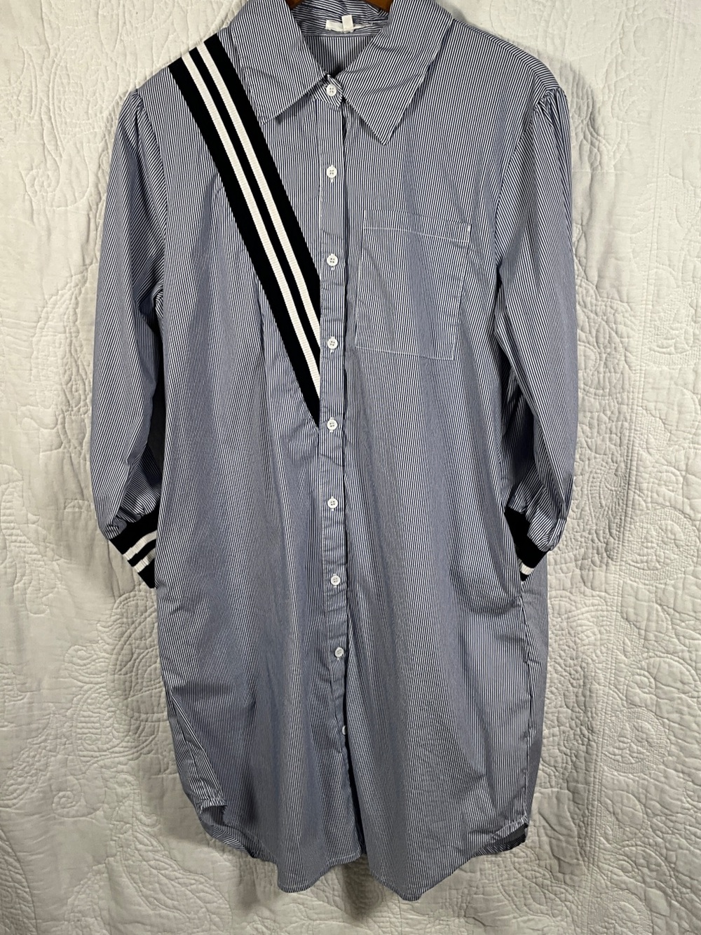 Striped Blue Mini Shirt Dress with Contrast Tape Detail
